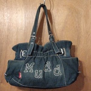 Mudd shoulder ruffle top bag true navy denim with tan stitching